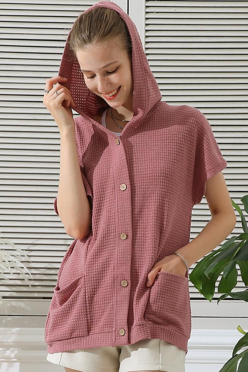 BOTTON DOWN HODDIE TOP CADIGAN WITH FRONT POCKETS - Doublju