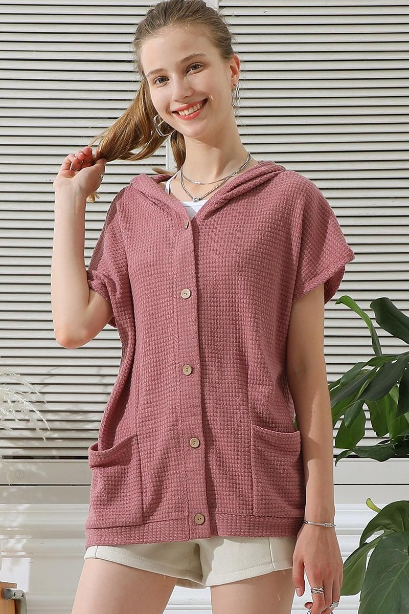 BOTTON DOWN HODDIE TOP CADIGAN WITH FRONT POCKETS - Doublju