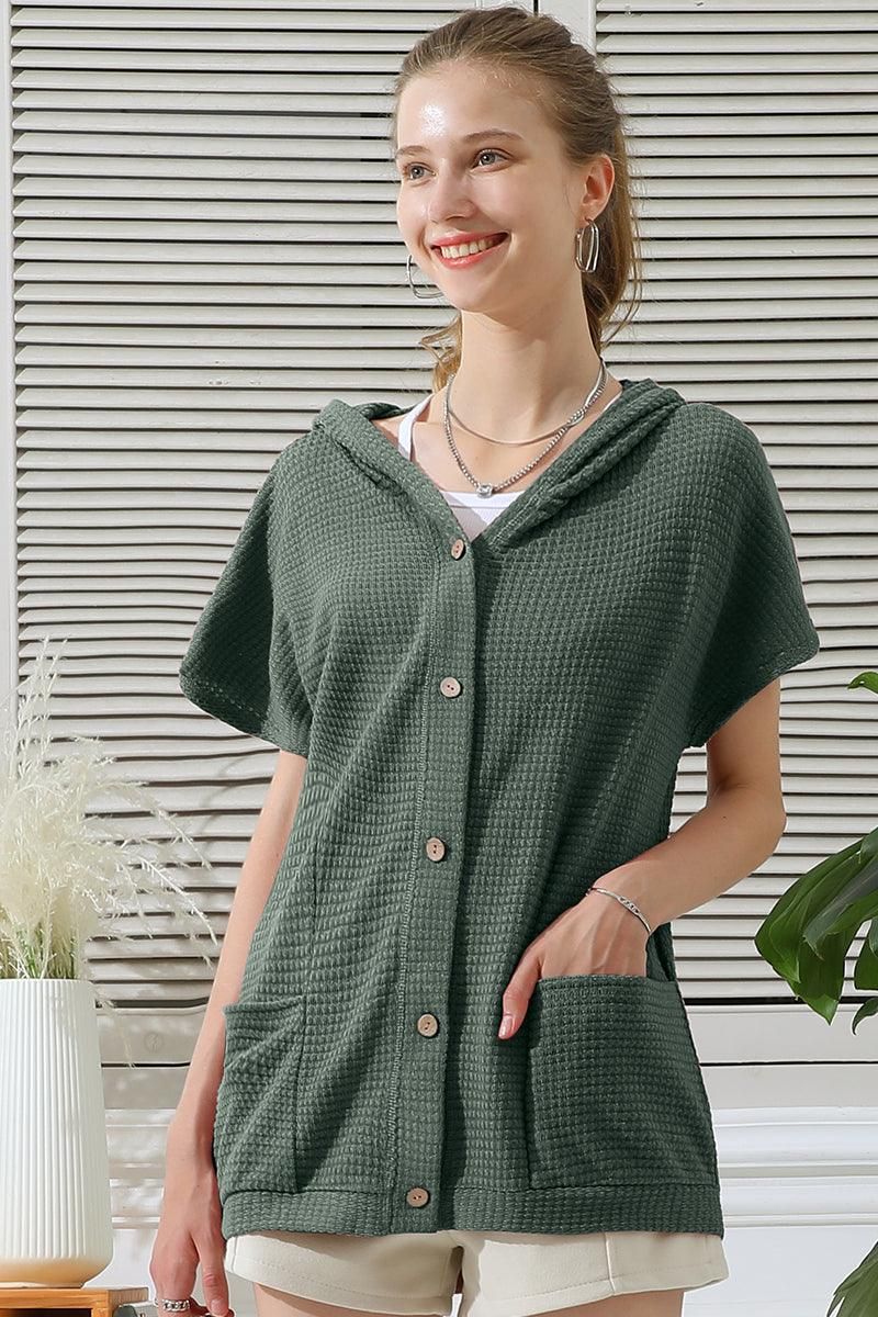 BOTTON DOWN HODDIE TOP CADIGAN WITH FRONT POCKETS - Doublju