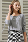 ROUND NECK DRAW STRING SLEEVE POINTEELE RIB TEE - Doublju