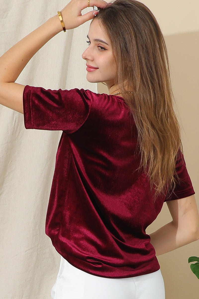 SHORT SLEEVE ROUND NECK VELVET CASUAL TUNIC TOP