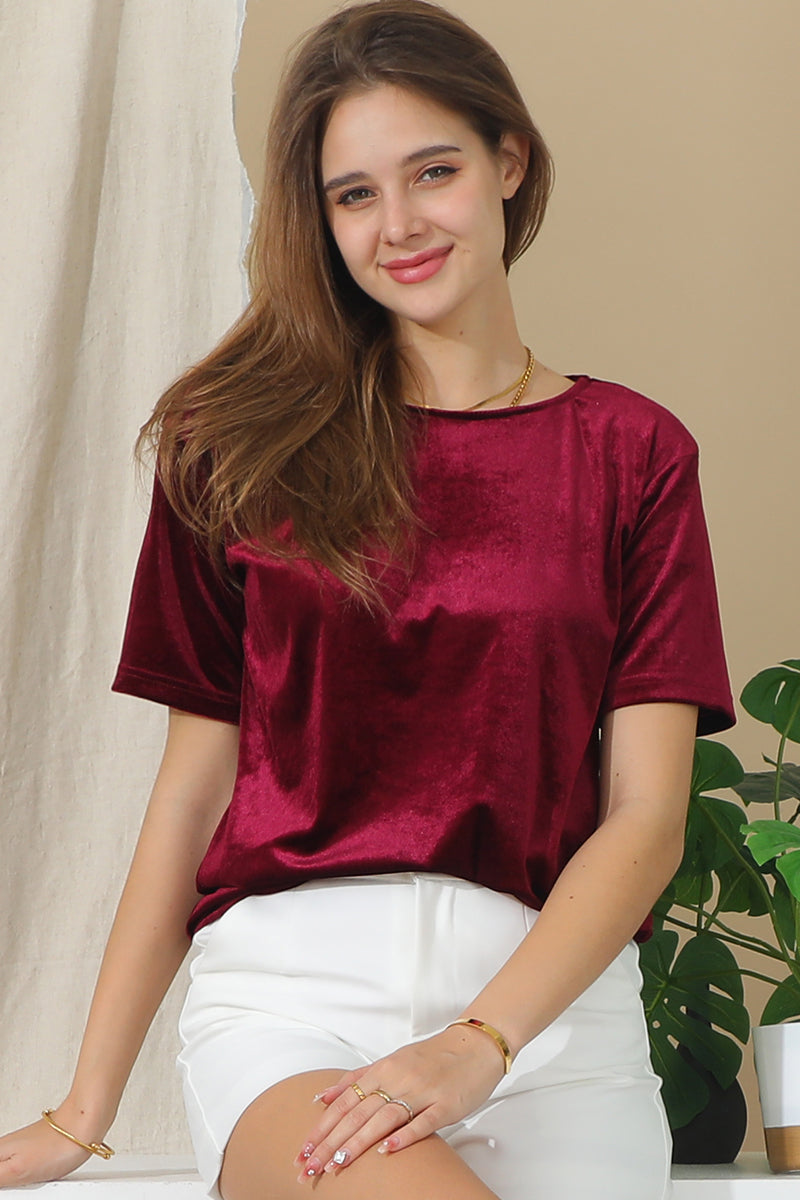 SHORT SLEEVE ROUND NECK VELVET CASUAL TUNIC TOP