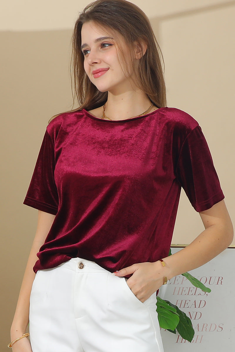 SHORT SLEEVE ROUND NECK VELVET CASUAL TUNIC TOP