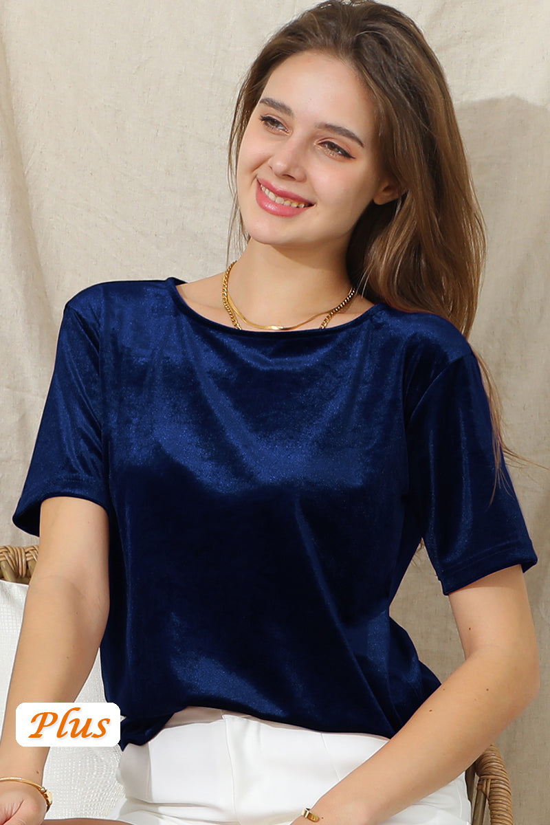 SHORT SLEEVE ROUND NECK VELVET CASUAL TUNIC TOP