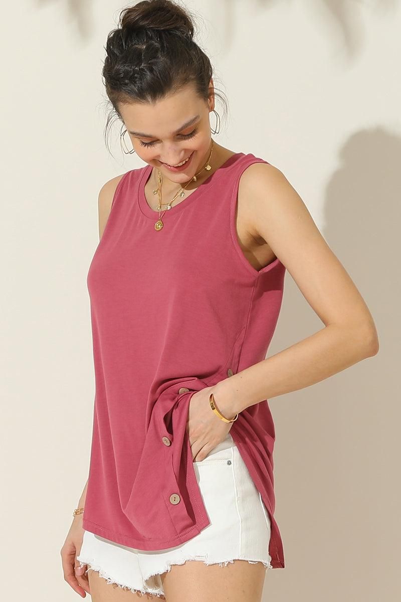 U NECK BOTTON SIDE BUTTON UP SLEEVELESS TOP - Doublju