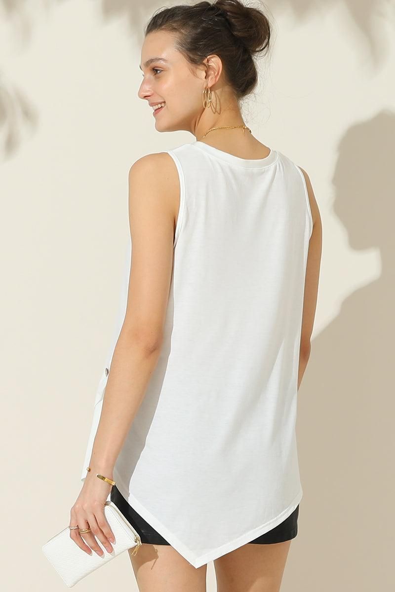 U NECK BOTTON SIDE BUTTON UP SLEEVELESS TOP - Doublju