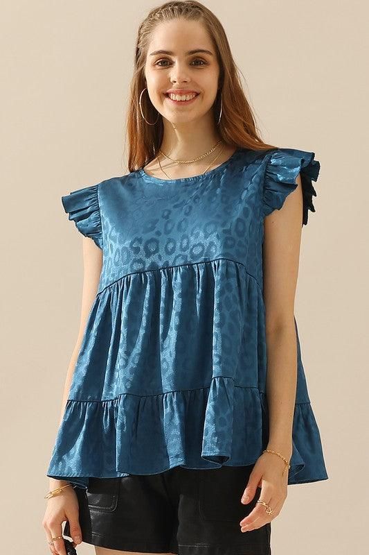 FRILL SLEEVE PATTERNED JACQUARD TUNIC TOP - Doublju