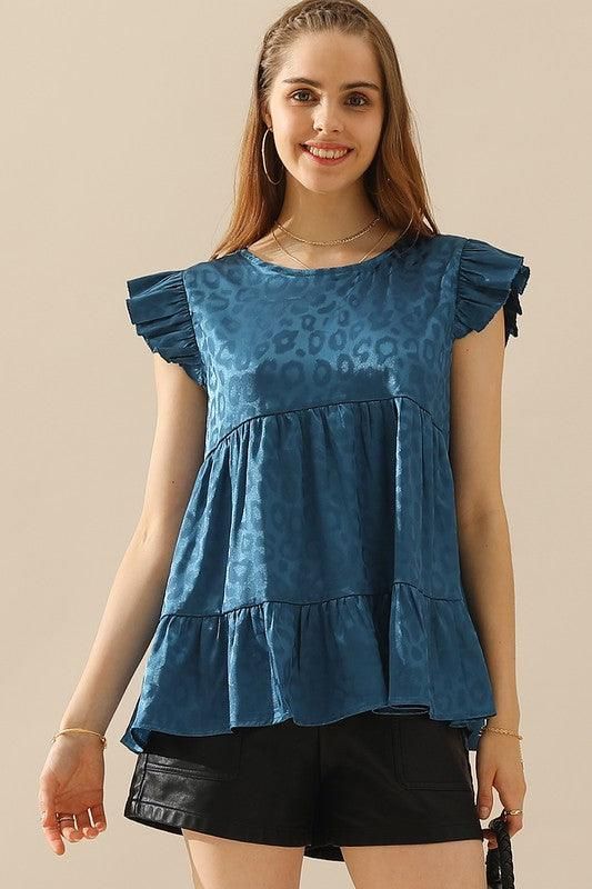 FRILL SLEEVE PATTERNED JACQUARD TUNIC TOP - Doublju