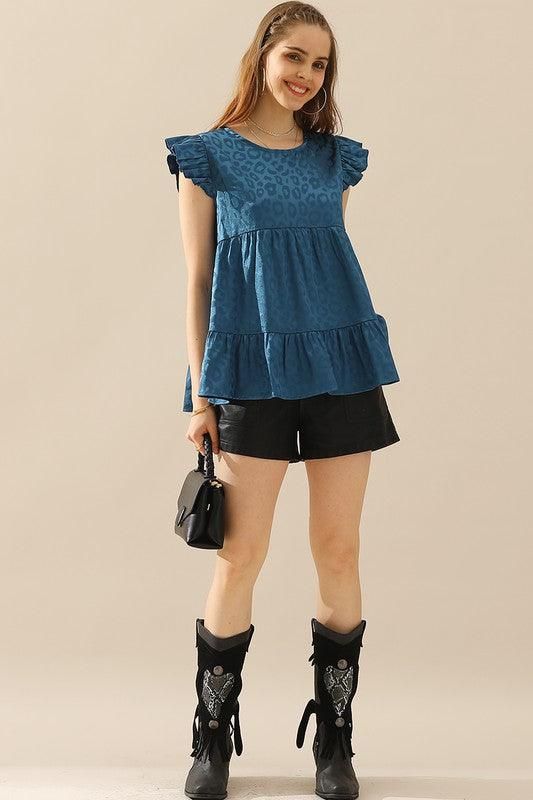 FRILL SLEEVE PATTERNED JACQUARD TUNIC TOP - Doublju