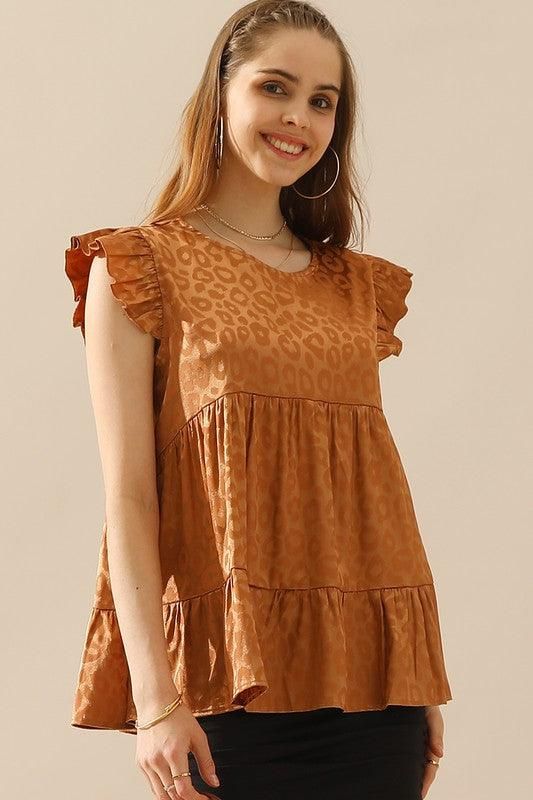 FRILL SLEEVE PATTERNED JACQUARD TUNIC TOP - Doublju