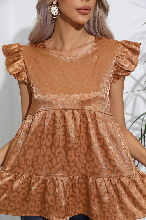 FRILL SLEEVE PATTERNED JACQUARD TUNIC TOP - Doublju