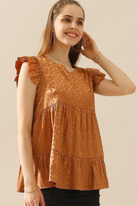 FRILL SLEEVE PATTERNED JACQUARD TUNIC TOP - Doublju