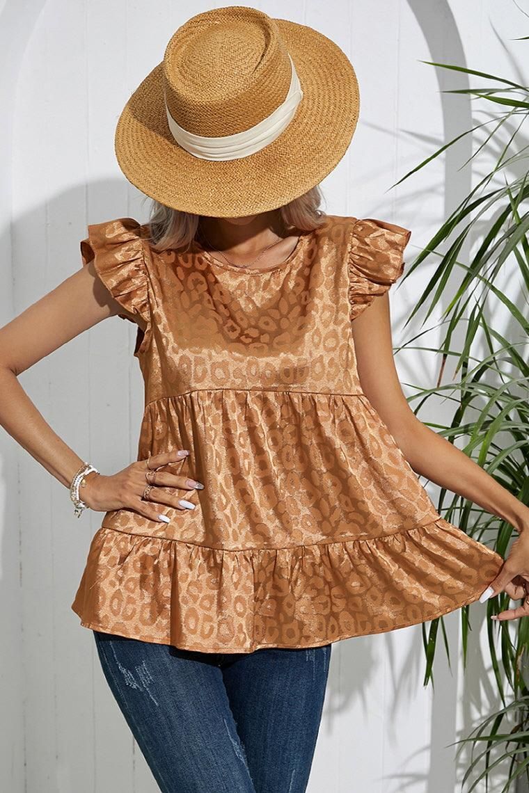 FRILL SLEEVE PATTERNED JACQUARD TUNIC TOP - Doublju