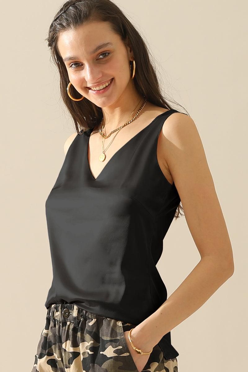 DEEP V NECK SATIN SLEEVELESS TUNIC TOP - Doublju