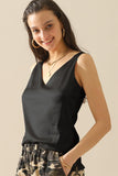 DEEP V NECK SATIN SLEEVELESS TUNIC TOP - Doublju