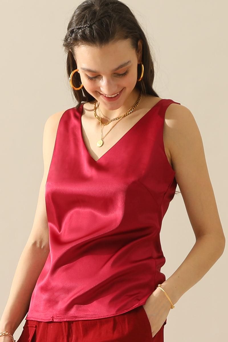 DEEP V NECK SATIN SLEEVELESS TUNIC TOP - Doublju