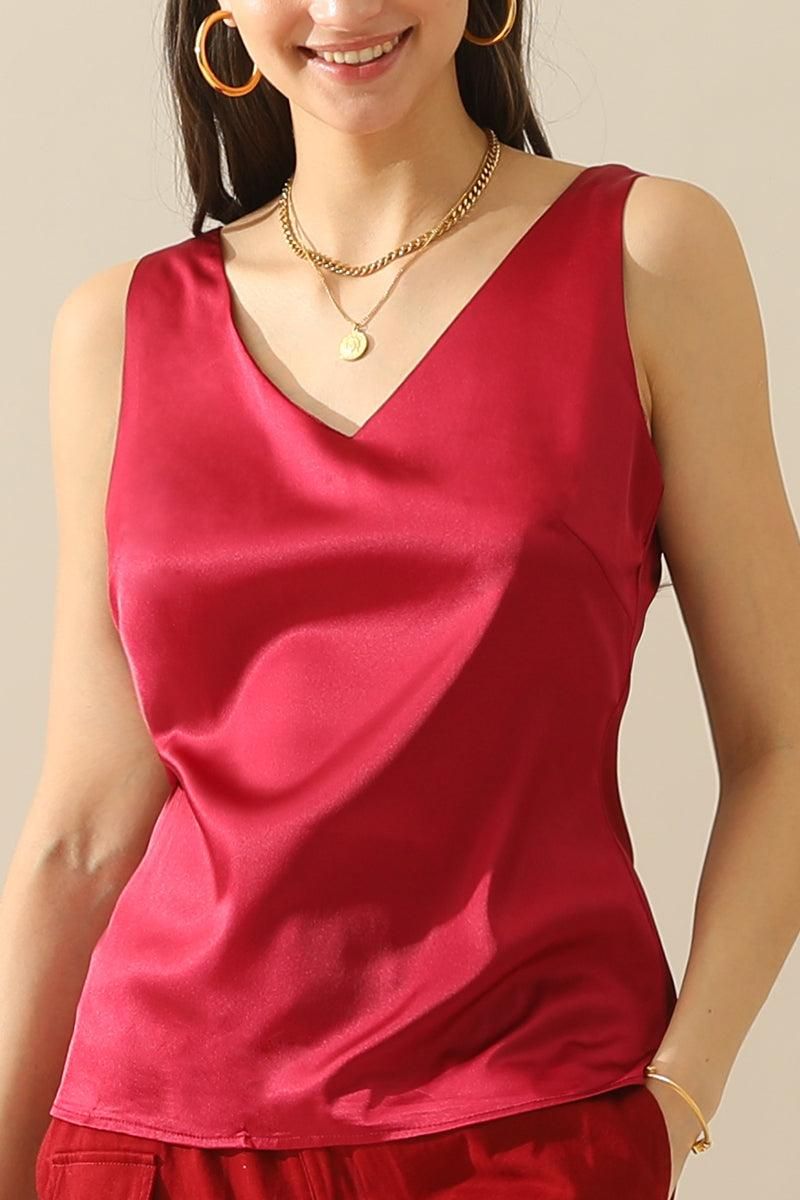 DEEP V NECK SATIN SLEEVELESS TUNIC TOP - Doublju