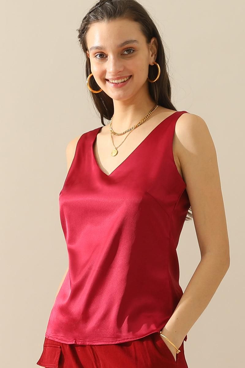 DEEP V NECK SATIN SLEEVELESS TUNIC TOP - Doublju