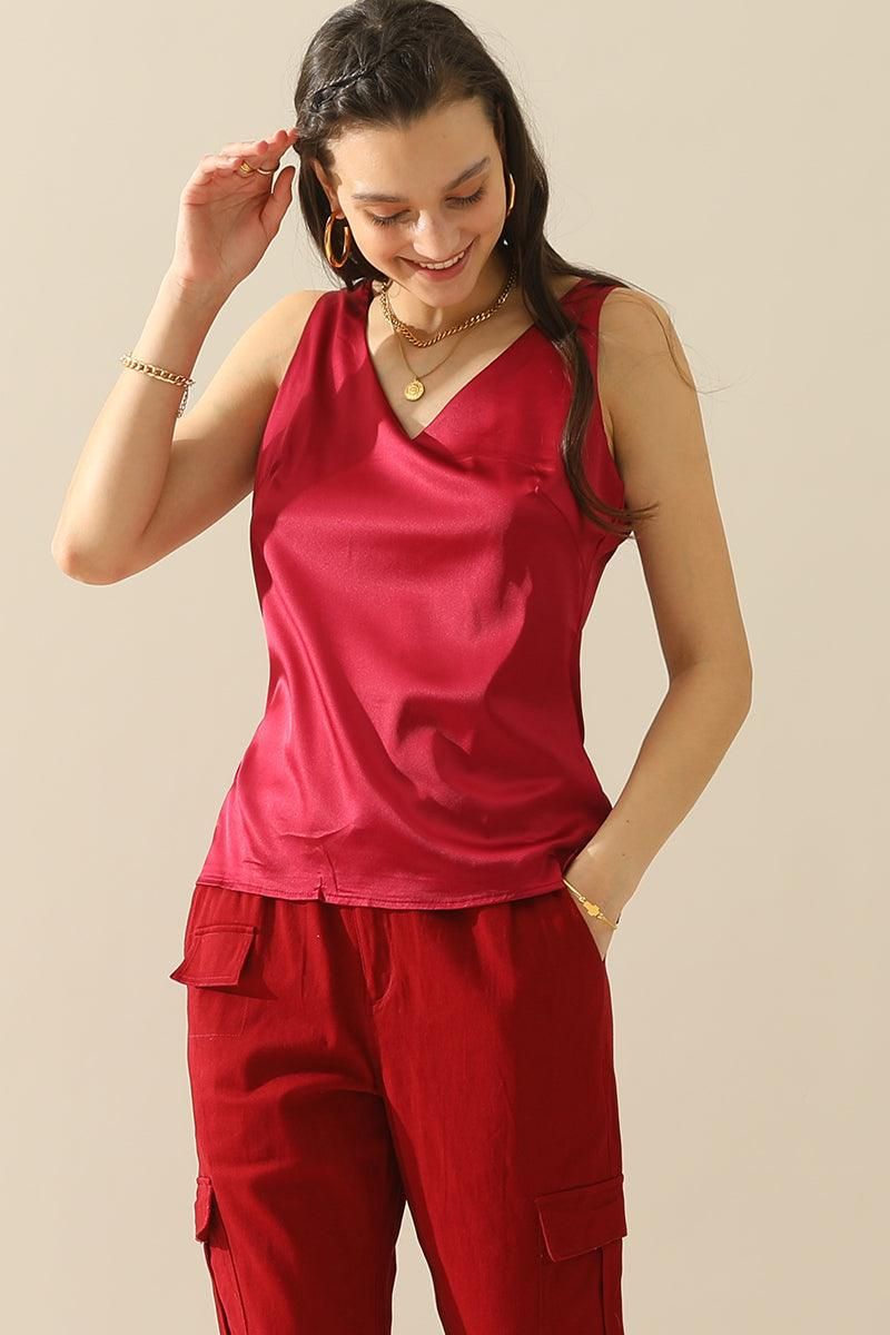 DEEP V NECK SATIN SLEEVELESS TUNIC TOP - Doublju