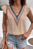 MULTICOLOR LACE V NECK RUFFLE SHORT SLEEVE TOP - Doublju