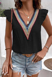 MULTICOLOR LACE V NECK RUFFLE SHORT SLEEVE TOP - Doublju