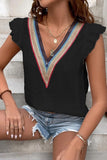 MULTICOLOR LACE V NECK RUFFLE SHORT SLEEVE TOP - Doublju