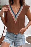 MULTICOLOR LACE V NECK RUFFLE SHORT SLEEVE TOP - Doublju