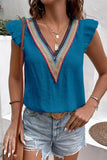 MULTICOLOR LACE V NECK RUFFLE SHORT SLEEVE TOP - Doublju