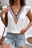 MULTICOLOR LACE V NECK RUFFLE SHORT SLEEVE TOP - Doublju