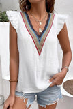 MULTICOLOR LACE V NECK RUFFLE SHORT SLEEVE TOP - Doublju