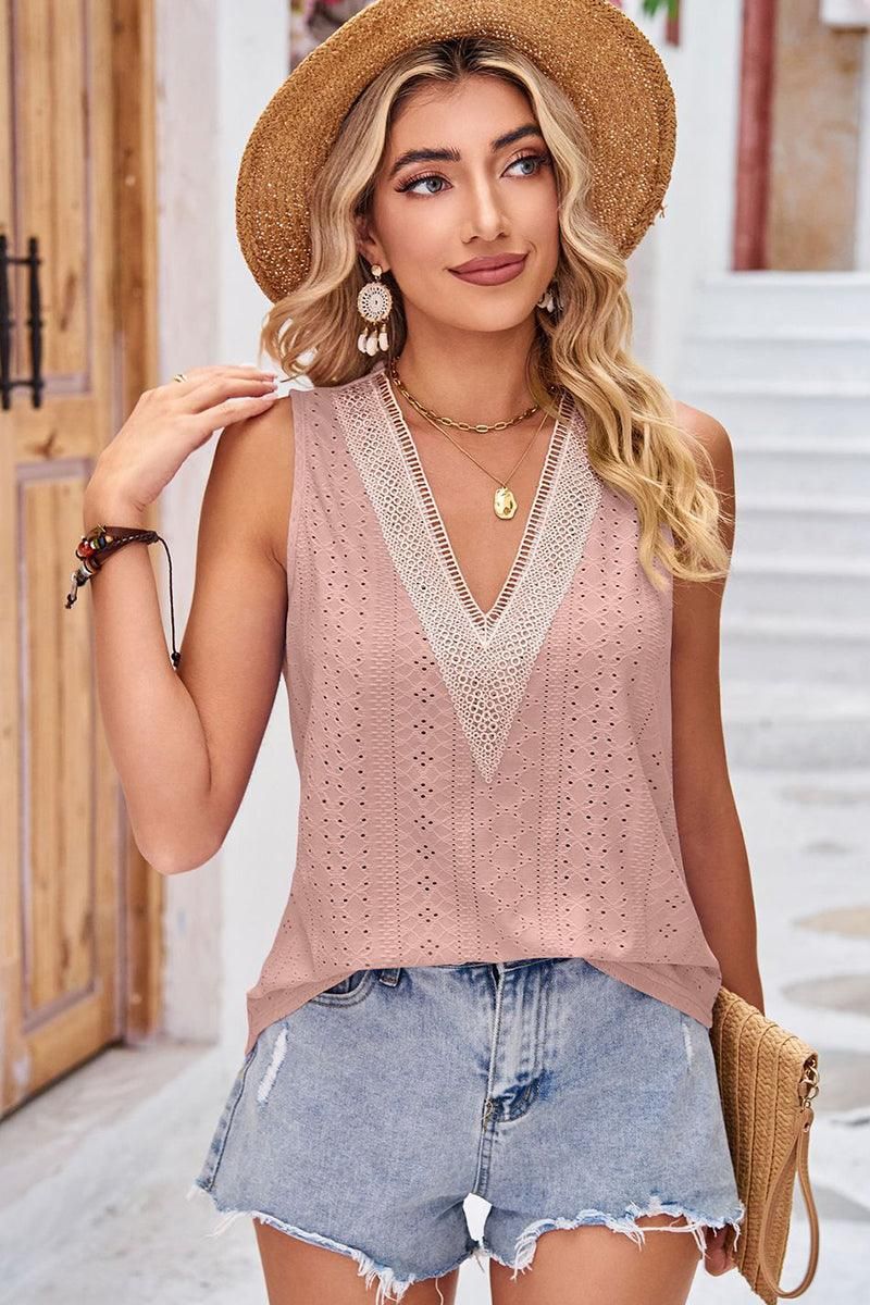 V NECK PUNCHING LACE LOOSE SLEEVELESS TUNIC TOP - Doublju