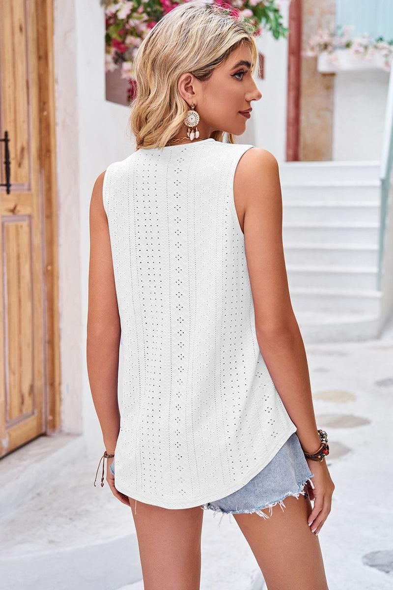 V NECK PUNCHING LACE LOOSE SLEEVELESS TUNIC TOP - Doublju