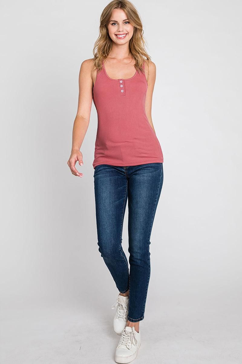 FITTED BASIC TANK TOP WITH FRONT BUTTON DETAIL - Doublju