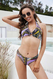 PATTERNED RING HALTER NECK BIKINI SWIM WEAR - Doublju