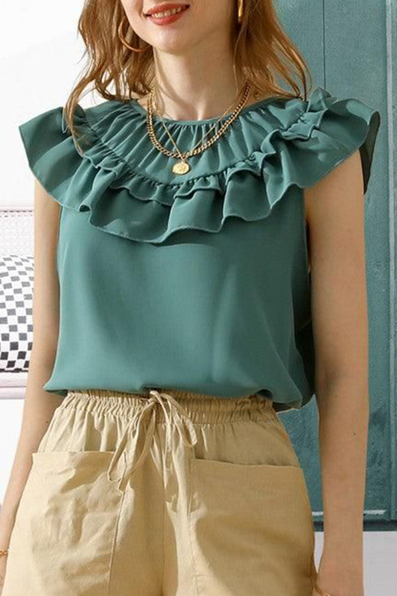 RUFFLED FRILL ROUND NECK CHIFFON TUNIC TOP