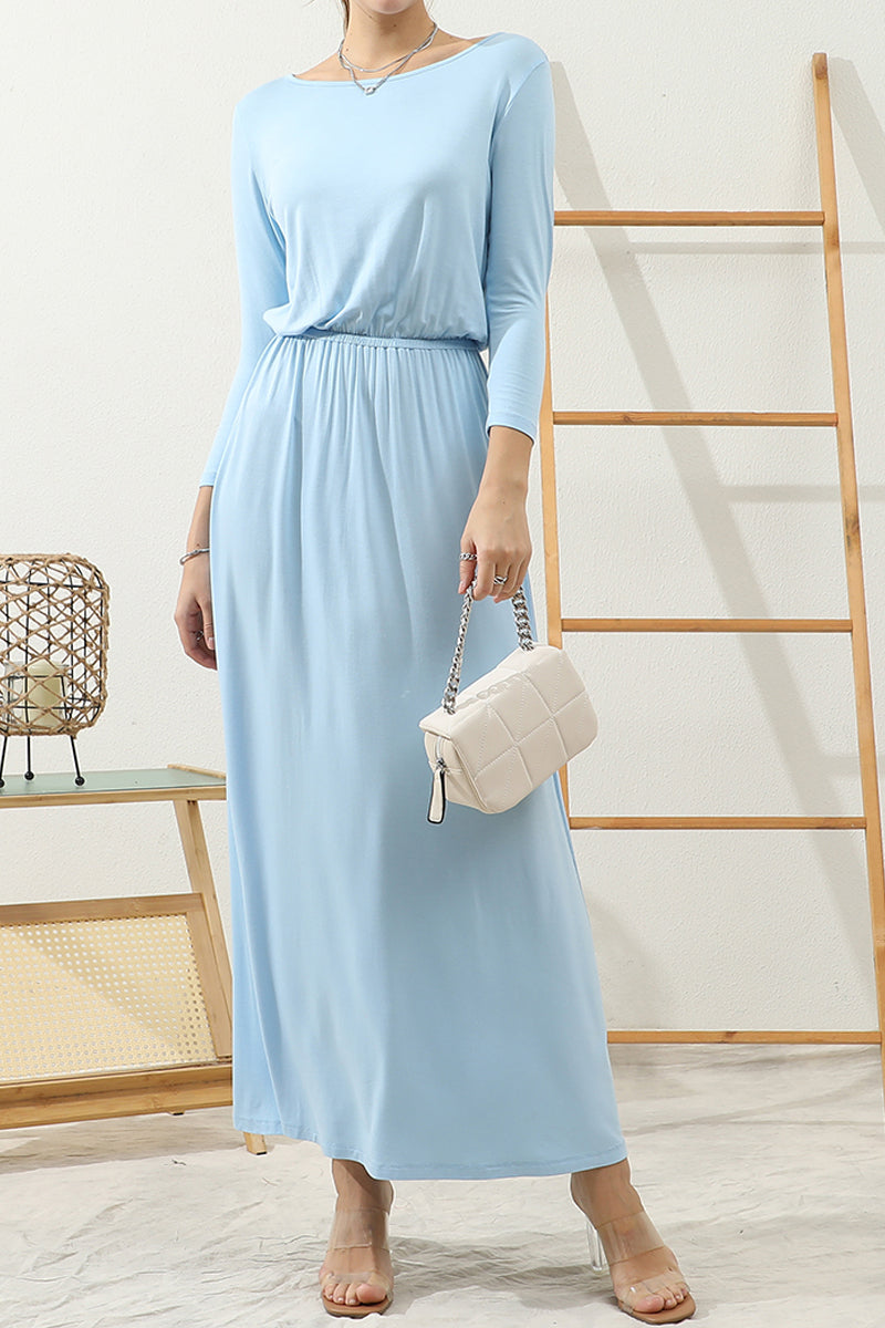 ROUND NECK WAIST BANDED MAIX LONG SOLID DRESS