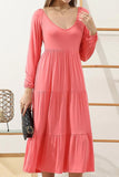 ROUND NECK TIRED CASUAL RUFFLE MAXI SOLID DRESS