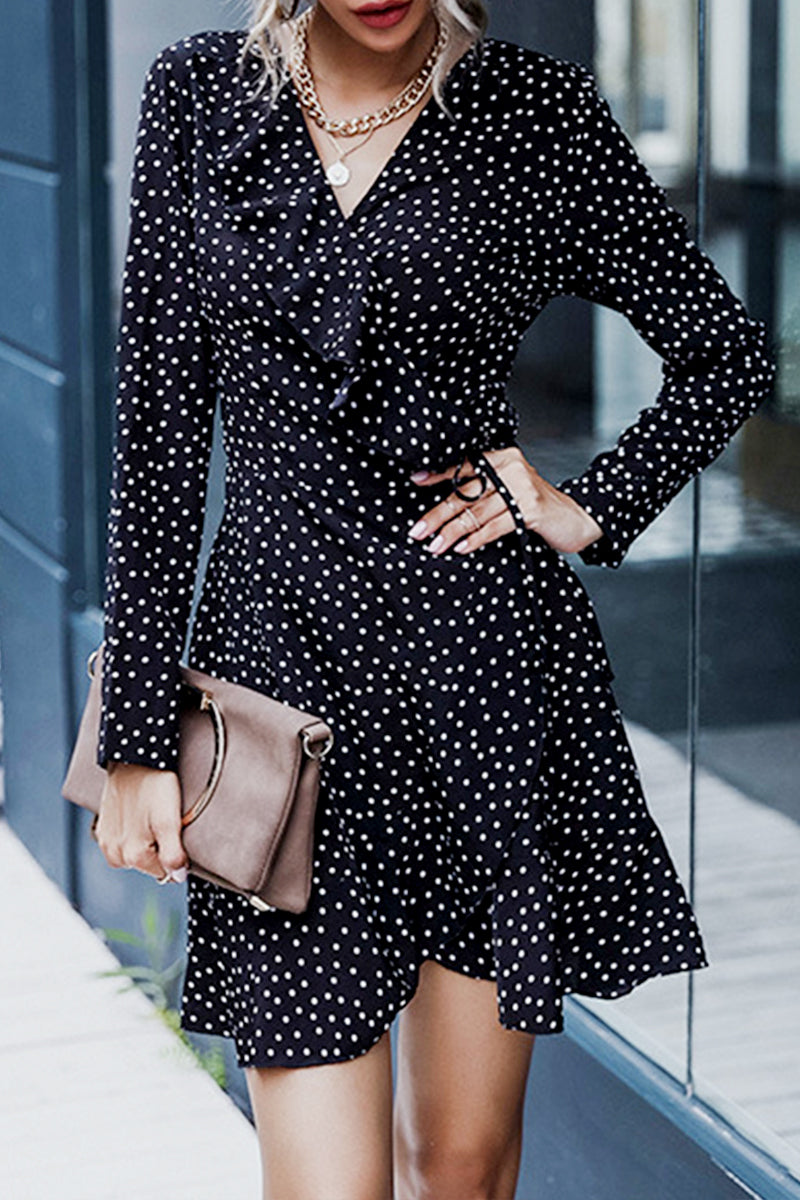 DOT RUFFLED LACE LONG SLEEVES SHORT DRESS