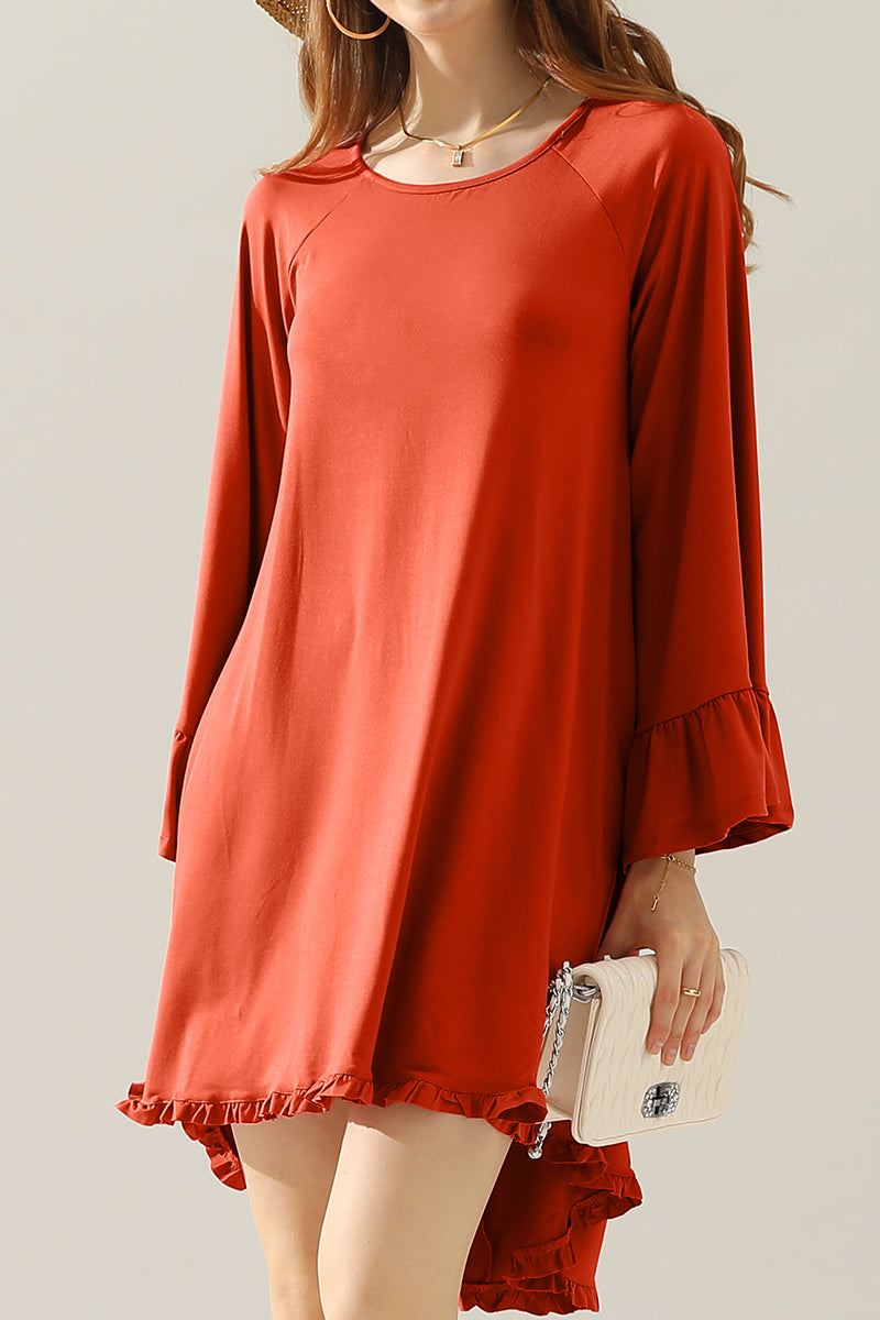 RUFFLE DETAIL LONG SLEEVE DRESS WITH SIDE POCKET
