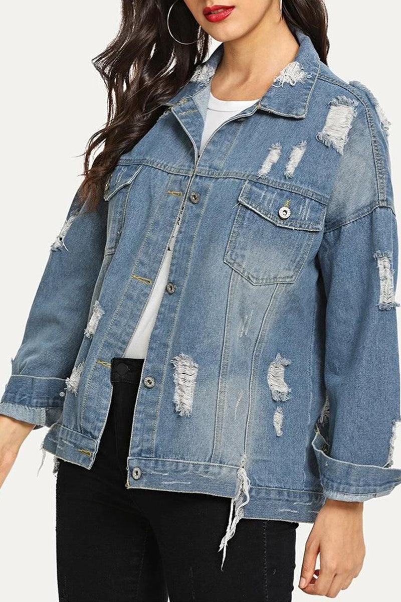 DISTRESSED BUTTON DOWN LONG SLEEVE DENIM JACKET