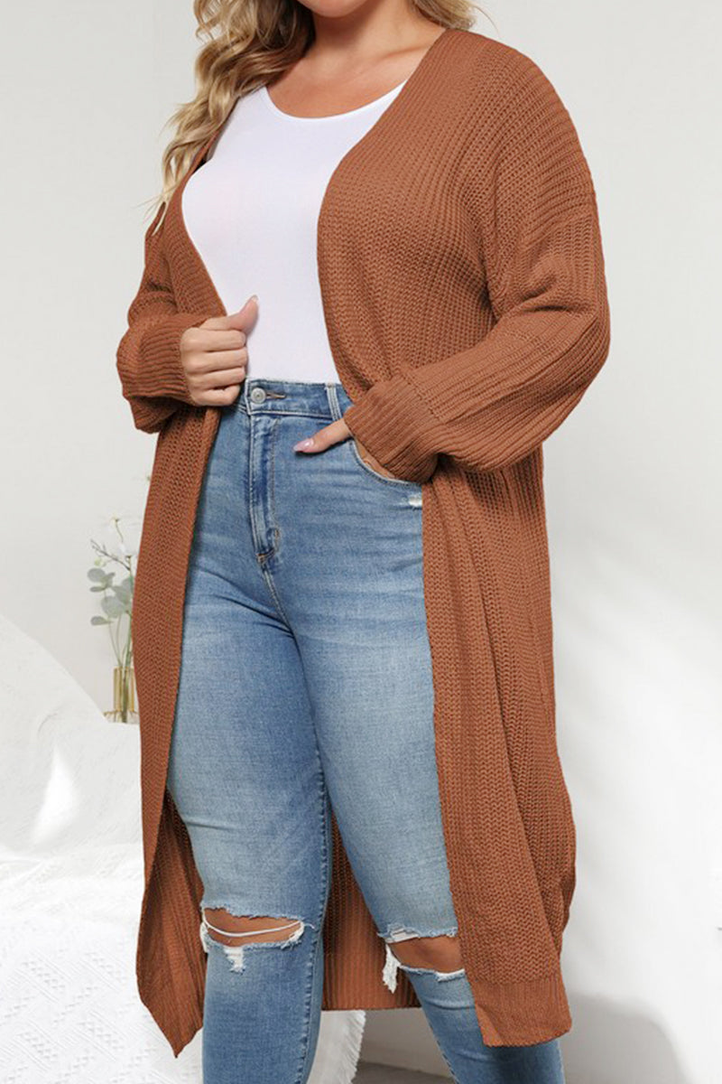 WOMEN PLUS SIZE KNITTED OPEN FRONT LONG CARDIGAN