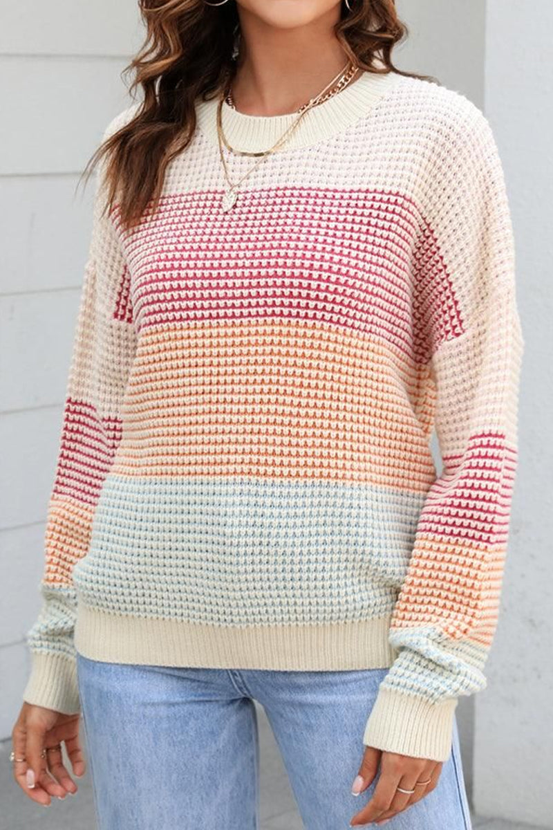 WOMEN WAFFLE KNITTED COLOR BLOCK OVERSIZED SWEATER