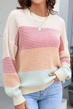 WOMEN WAFFLE KNITTED COLOR BLOCK OVERSIZED SWEATER