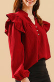 V NECK RUFFLED BUTTON SOLID COLOR BLOUSE