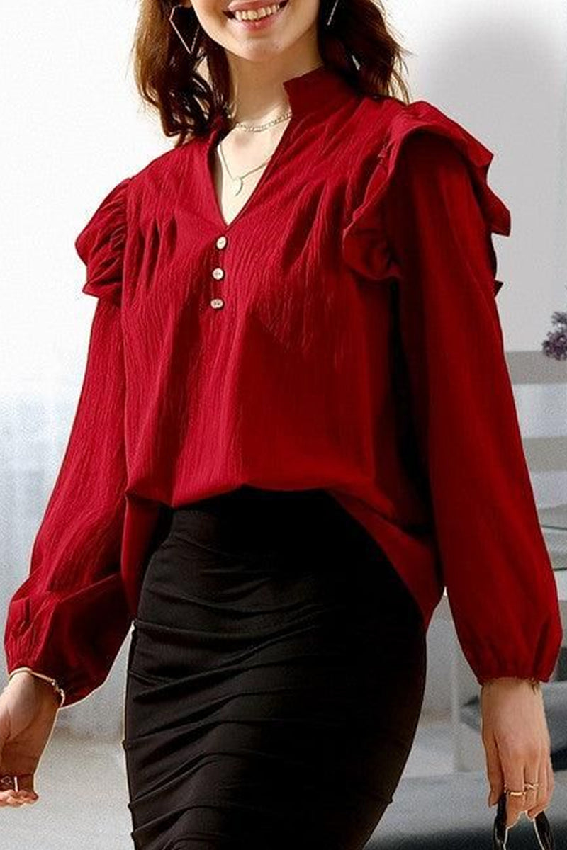 V NECK RUFFLED BUTTON SOLID COLOR BLOUSE