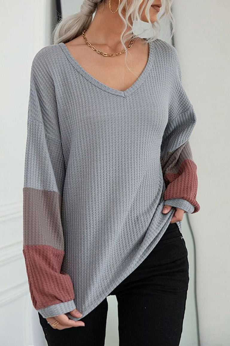 LONG SLEEVE LOOSE FIT WAFFLE KNIT CASUAL TOP