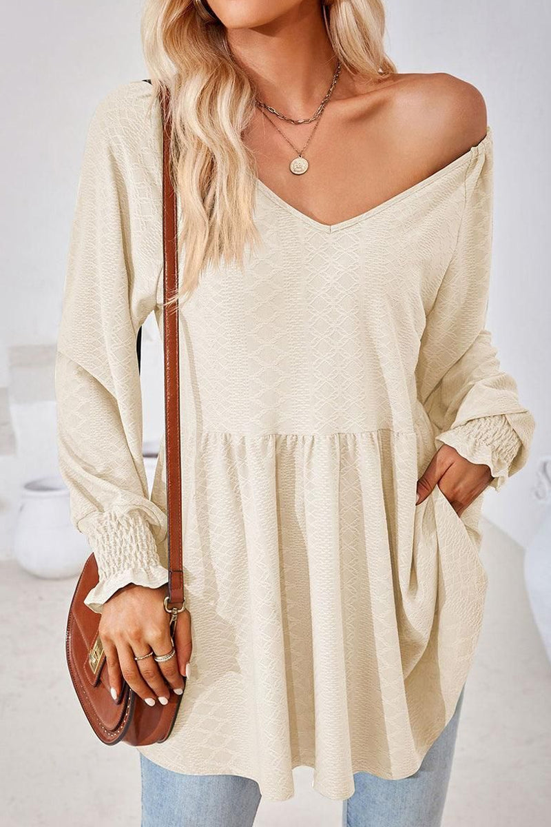 WOMEN V NECK PATTERNED RUFFLE SLEEVE TUNIC