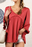 V- NECK WITH MINI RUFFLE DETAILED FLARE TOP