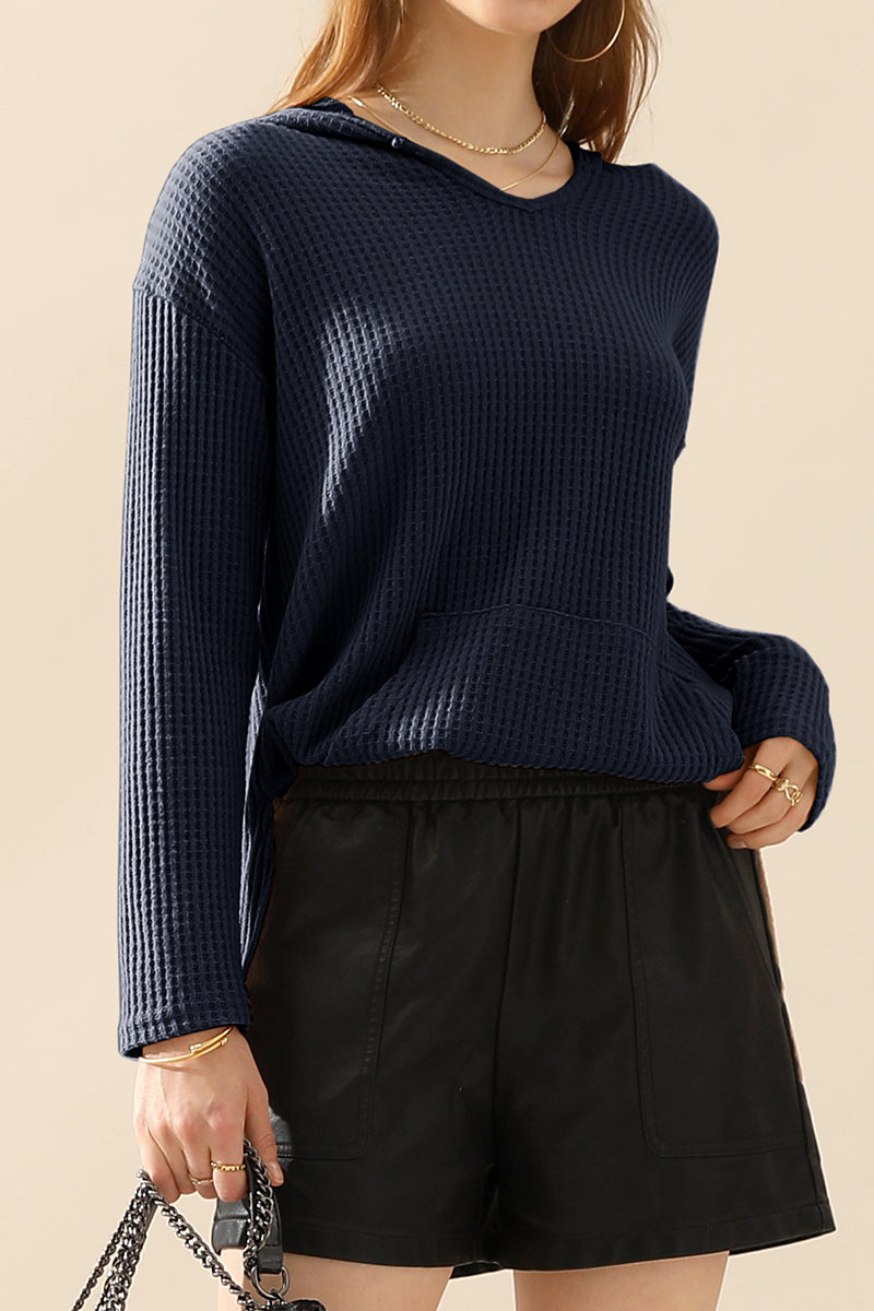 V NECK HOODIE AND POCKET PULLOVER SWEATER KNIT TOP