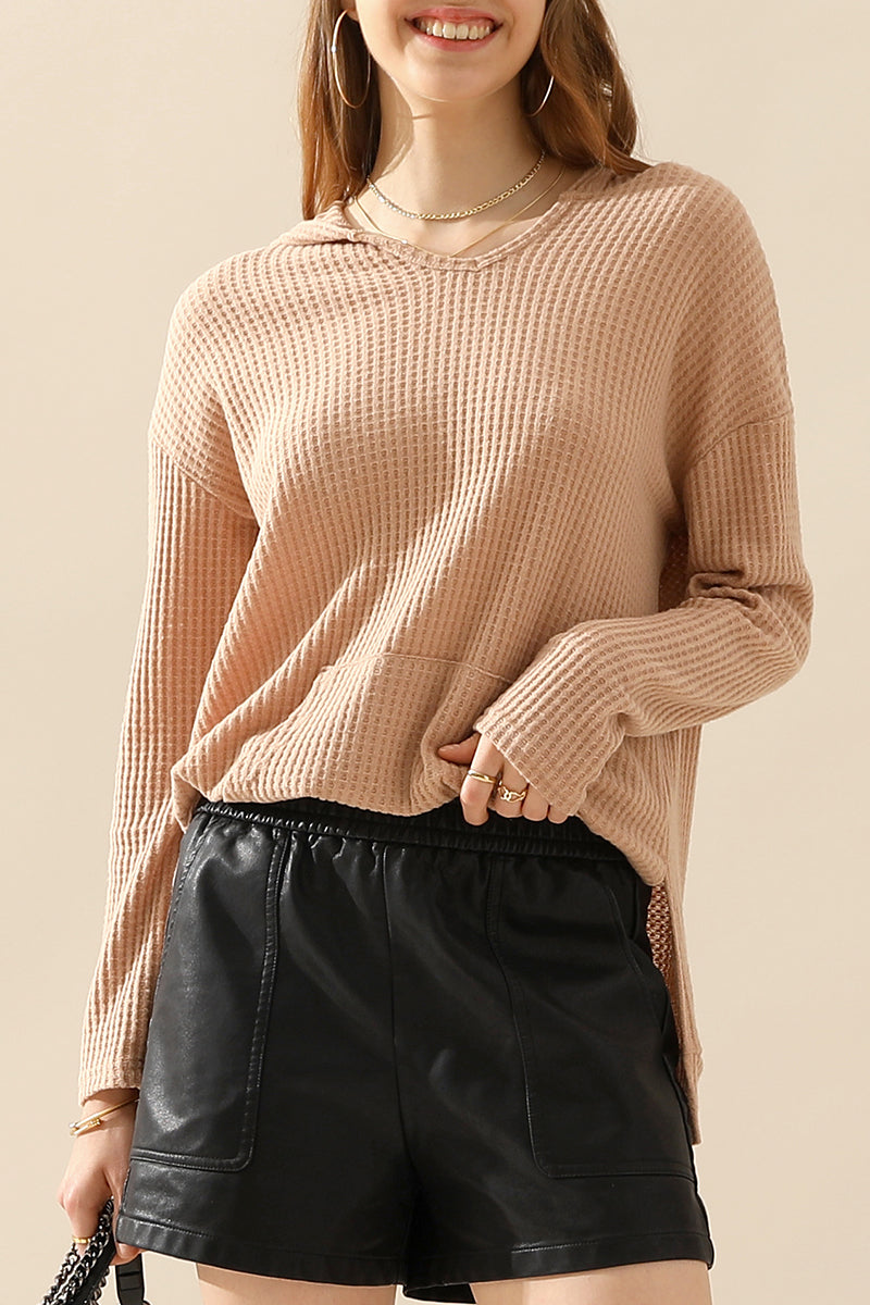 V NECK HOODIE AND POCKET PULLOVER SWEATER KNIT TOP